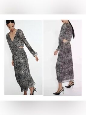 NEW ZARA Collection‎ Size XS Snake Print Cut Out Midriff Chiffon Midi Dress